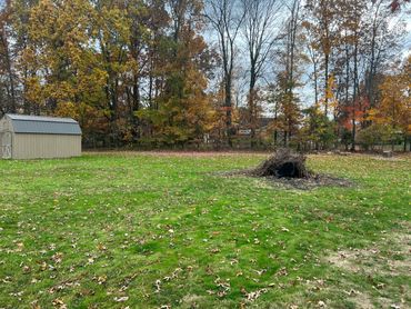 Backyard with green grass, a shed, and a pile of leaves in autumn.