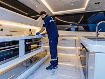 Person cleaning a modern, luxurious kitchen with marble surfaces.