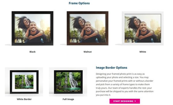 Photo frame and border options for personalized prints.
