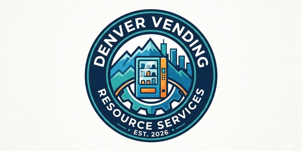Logo for Denver Vending Resource Services featuring a vending machine, mountains, and city skyline.