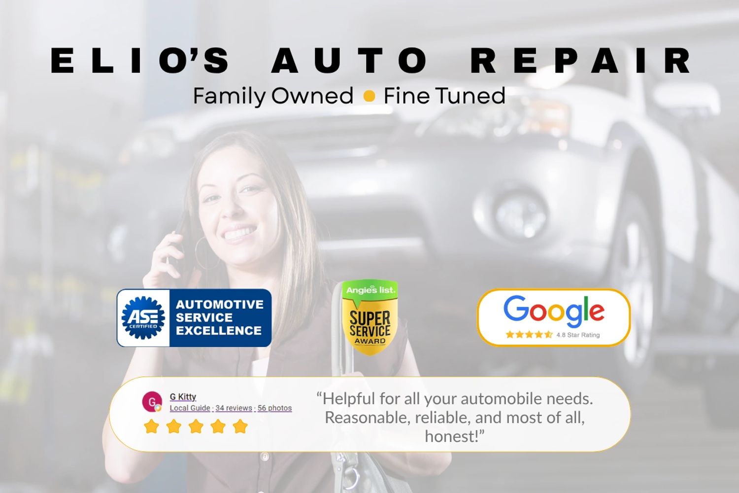 Elio's Auto Repair: Family owned with excellent service and high ratings.