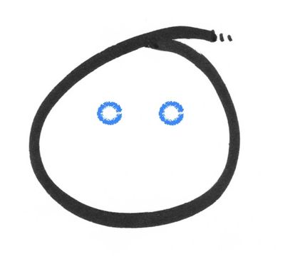 Simple abstract face with two blue eyes and a black outline.