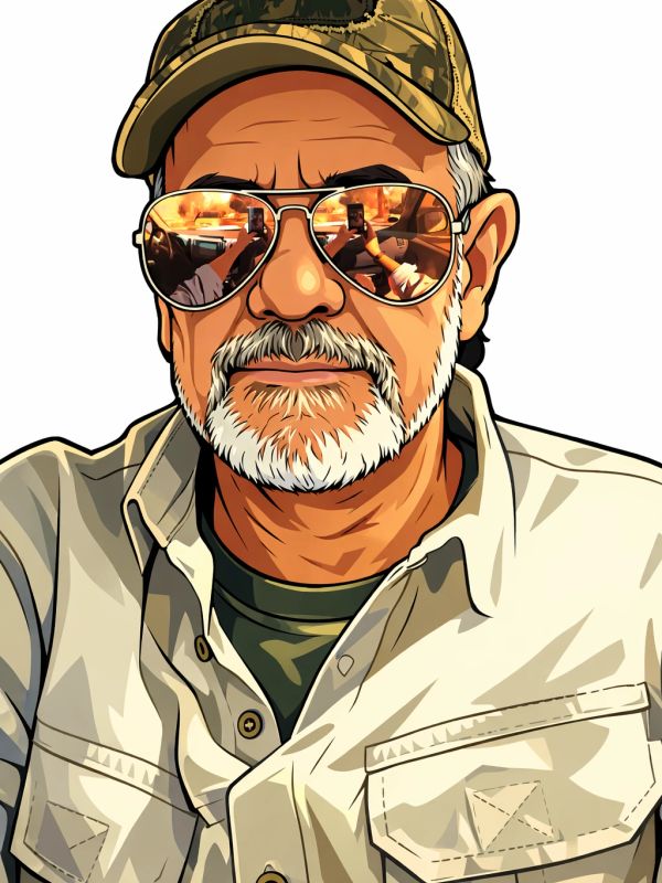 Illustration of an older man with sunglasses and a cap.
