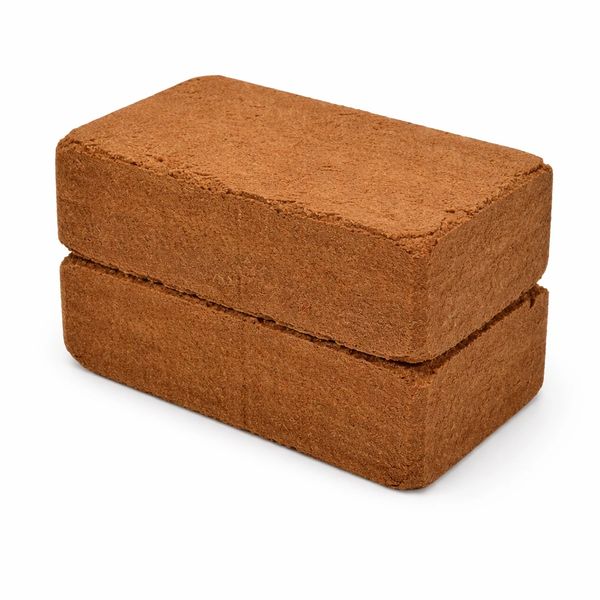 Two brown coir bricks stacked on a white background.