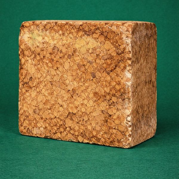 Rectangular cork block on green surface and background.