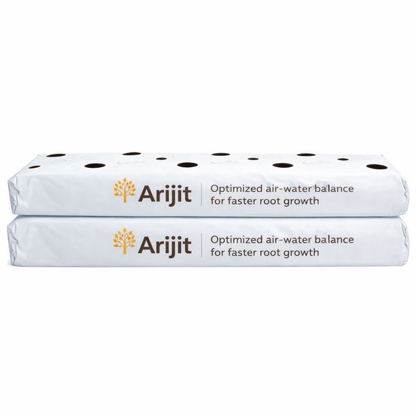 Two stacked white bags labeled Arijit with holes and root growth claims.