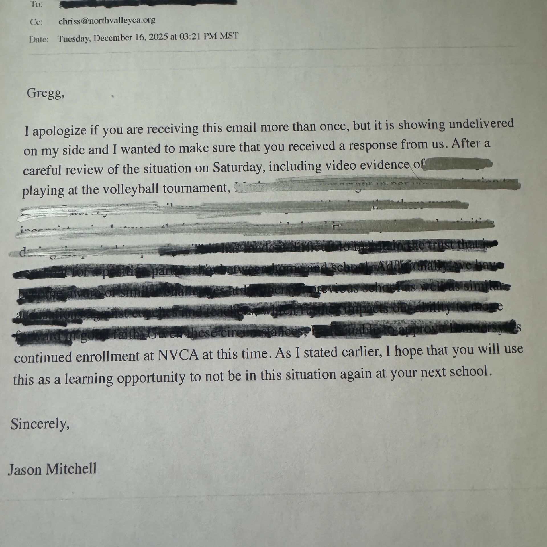 Email from Jason Mitchell confirming they did send someone to video record our daughter