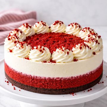 A rich and indulgent dessert with a moist red velvet base topped with smooth, creamy cheesecake. Fin