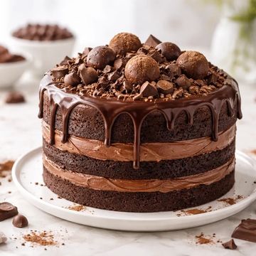 A decadent chocolate cake filled and topped with velvety chocolate fudge, offering a melt-in-the-mou