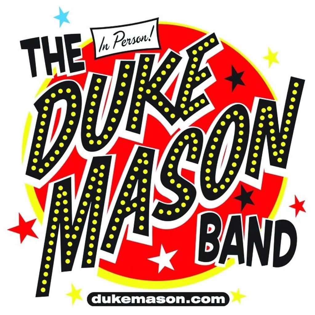 Colorful logo for The Duke Mason Band with stars and website info.
