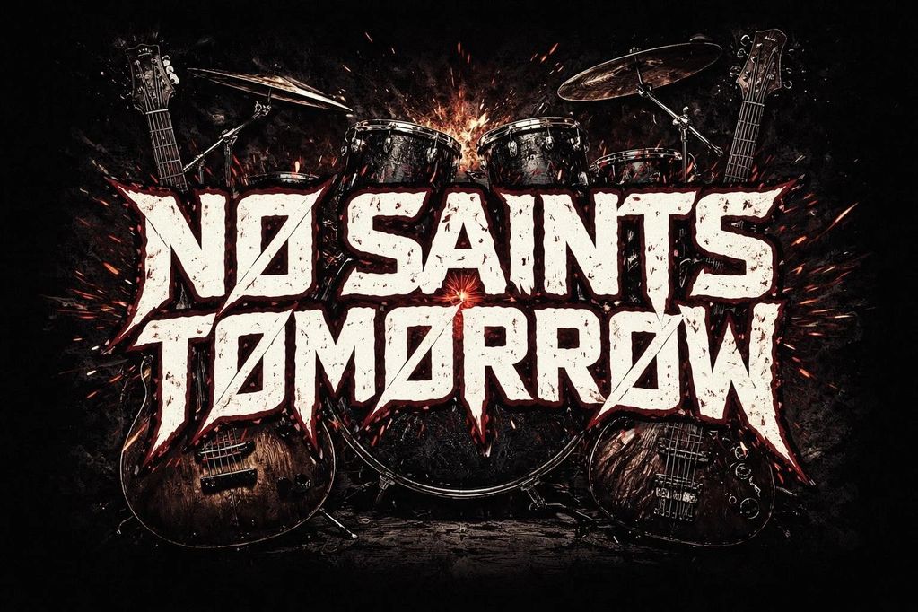 Rock band logo with drums and guitars in fiery background.