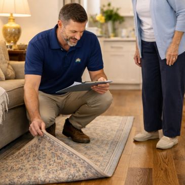 Man inspecting carpet with clipboard in living room.