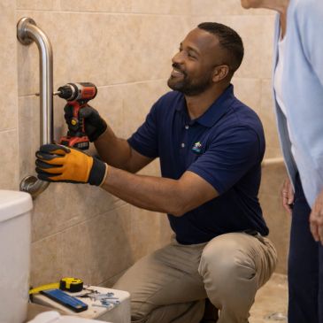 Technician fixing a pipe with a drill in a bathroom.