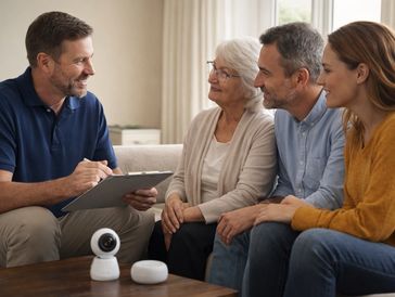 Family discussing smart home security with a professional.