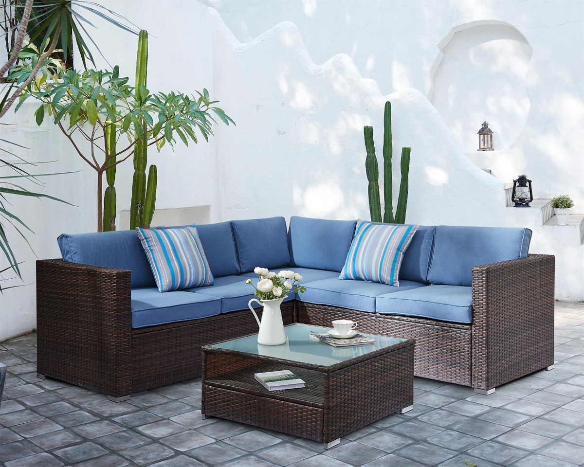 Brown Corner LShaped Rattan Garden Furniture Set Blue or Grey Cushions