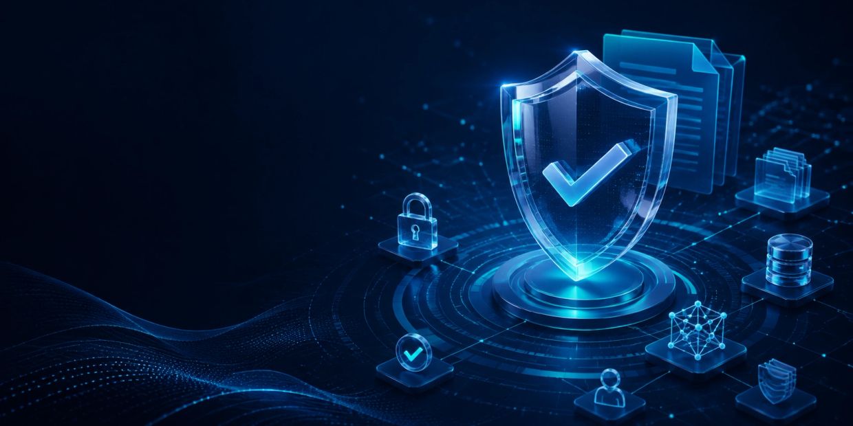 Digital security concepts with shield and checkmark symbols.