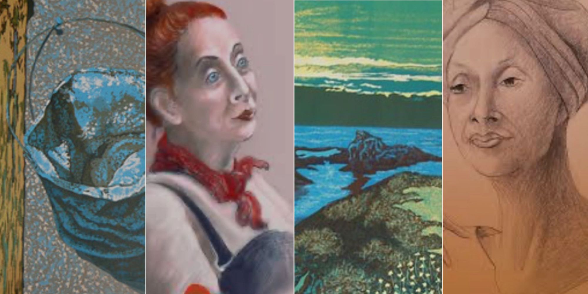 Four distinct art styles including a blue-toned animal, a red-haired woman, a seascape, and a pencil sketch portrait.