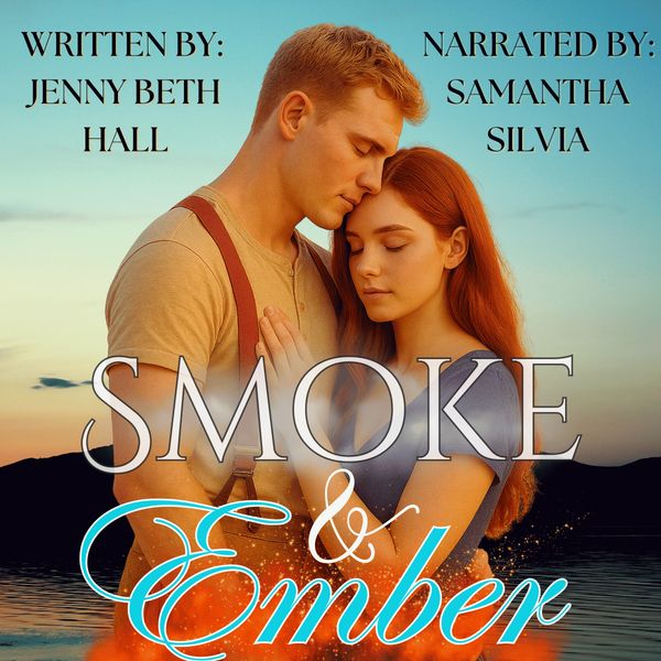 A romantic audiobook cover featuring a couple embracing at sunset by the water.