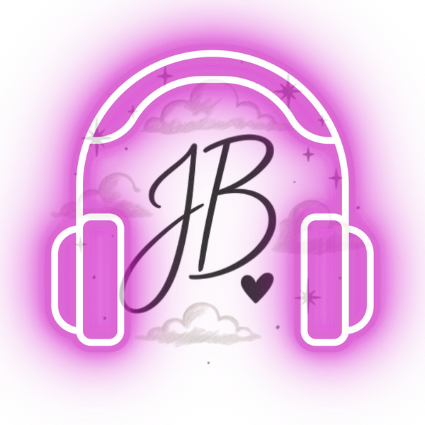 White headphones outline with JB initials and clouds on a bright pink background.