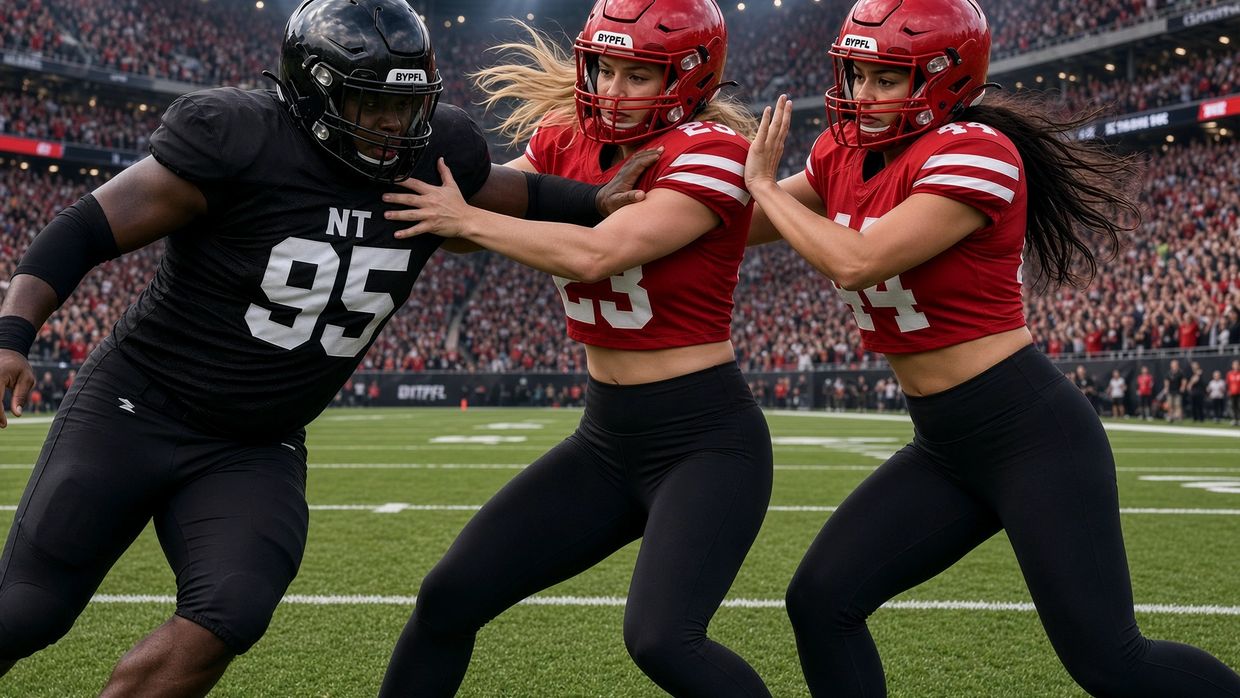 Two women in red football uniforms defending against a man in black.
