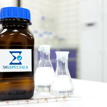 Brown chemical bottle with blue cap and two glass beakers in a lab.