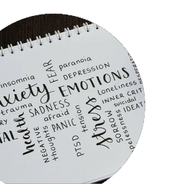 Notebook page filled with handwritten words related to mental health struggles.