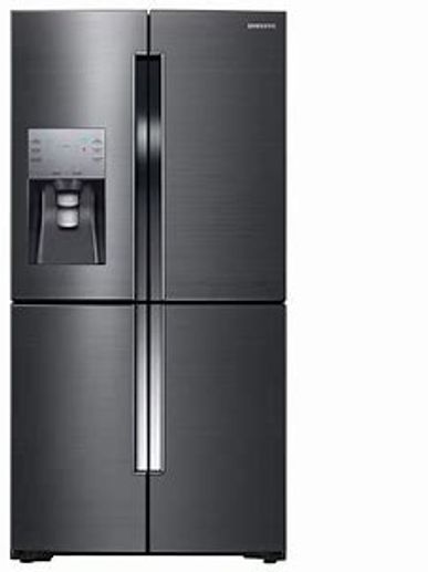Modern black stainless steel refrigerator with water dispenser.