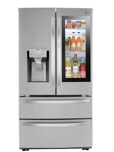 Modern stainless steel refrigerator with glass door panel and water dispenser.