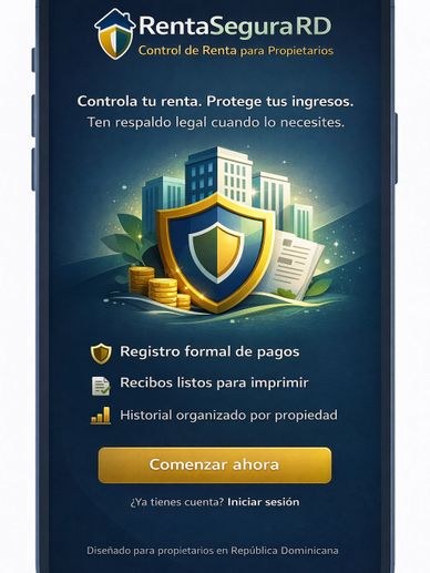 App promoting secure rent control and legal support for property owners in the Dominican Republic.