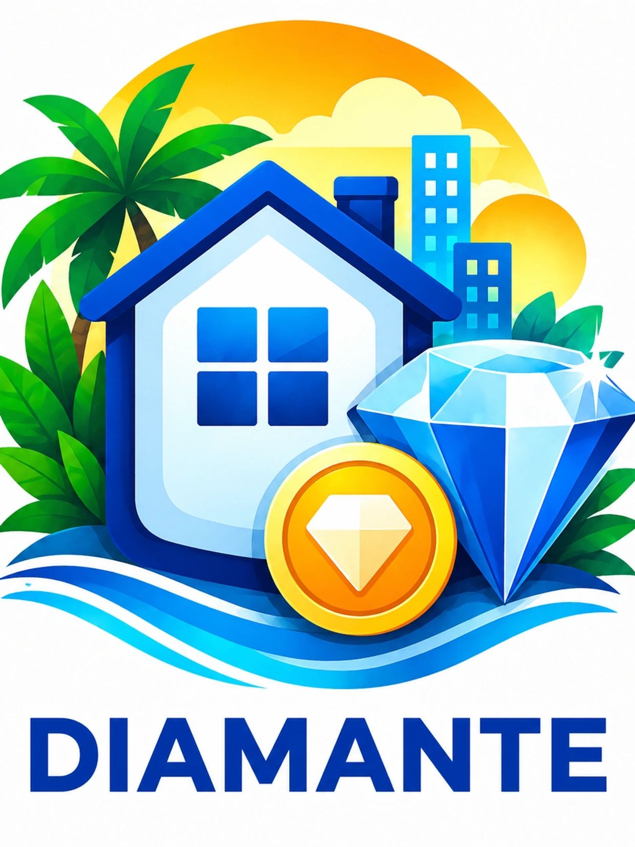 Logo featuring a house, diamond, coin, and tropical background with the word "DIAMANTE".