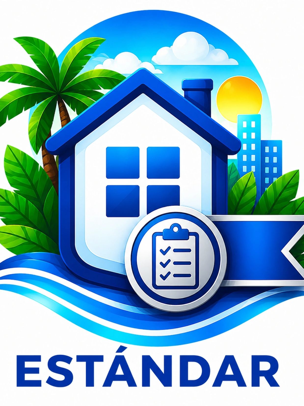 Illustration of a blue and white house with a checklist and tropical background labeled 'ESTÁNDAR'.