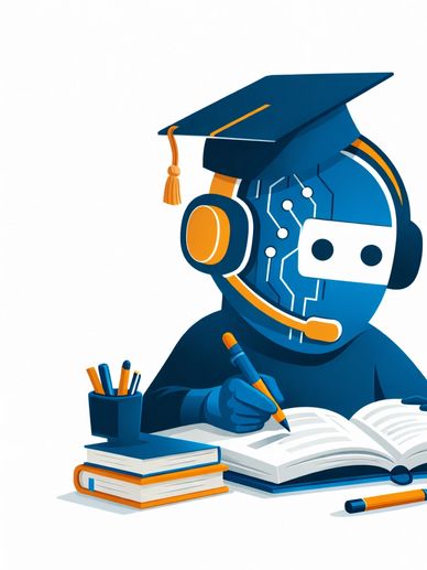 A robot wearing a graduation cap studies with books and a pen.