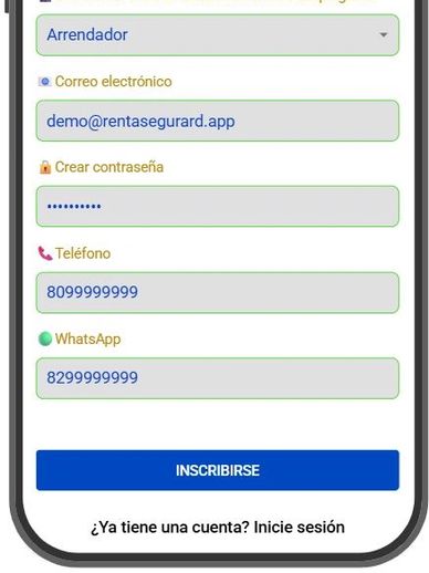 Formulario de inscripción para arrendadores con correo, contraseña, teléfono y WhatsApp.