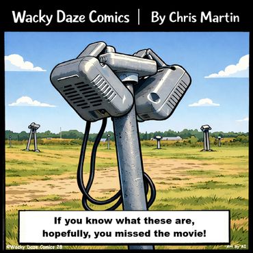 Comic panel showing mysterious devices with caption about missing a movie.