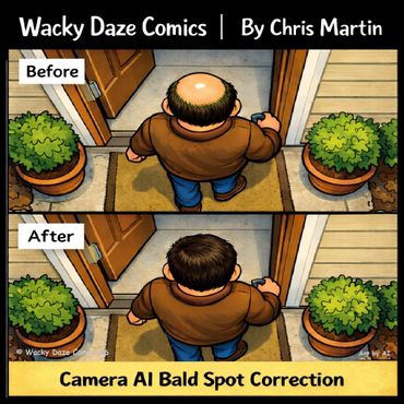 Comic shows AI correcting a bald spot in a photo.