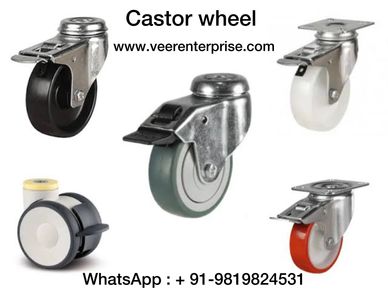 Various types of castor wheels for industrial use with contact info.