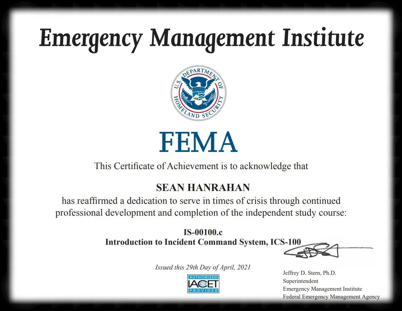 ICS-100 FEMA Certification 