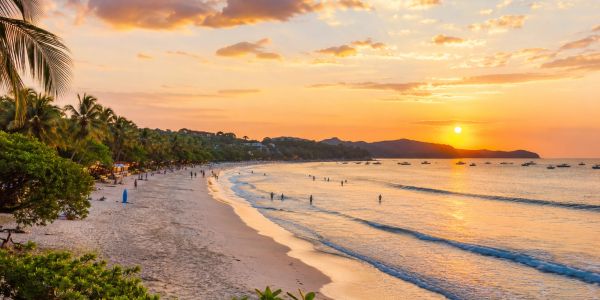Sunset over a tropical beach with people enjoying the water and palm trees lining the shore.
