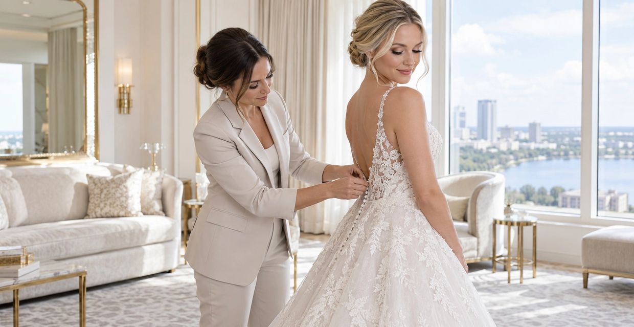Bridal stylist fastening a lace wedding gown during wedding-day dressing in Orlando, FL.