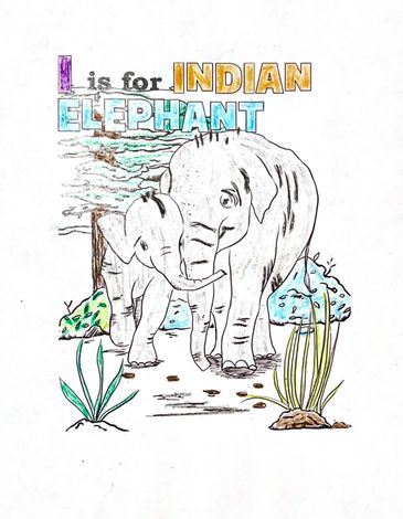 Illustration of Indian elephant mother and calf with colorful text.