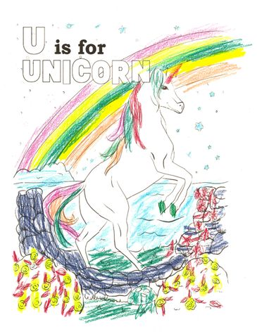 Colorful unicorn illustration with rainbow and flowers for alphabet learning.