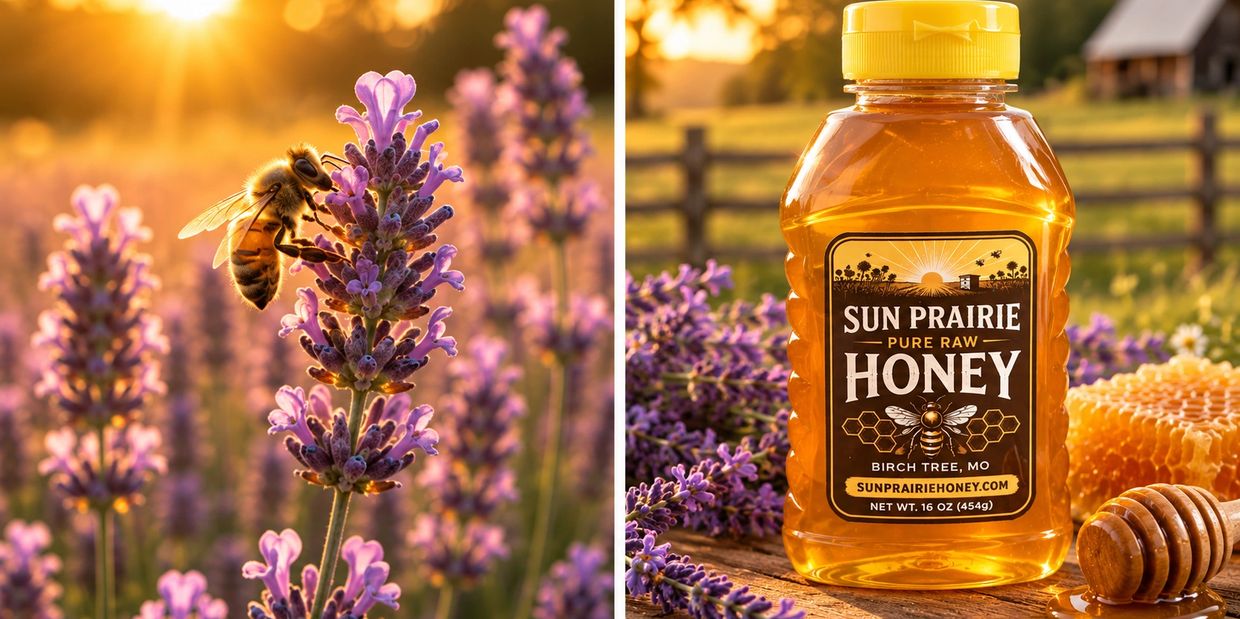 Bee on lavender and honey bottle with honeycomb.