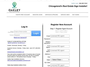 Oakley Sign Installation login and registration page.