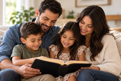 Family reading a book together.