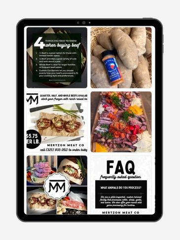 Digital flyer showcasing meat buying tips, meat visuals, and FAQs from Mertzon Meat Co.