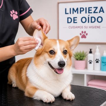 Veterinaria limpiando el oído de un perro Corgi.