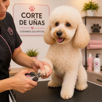 Peluquera corta las uñas de un perro blanco.