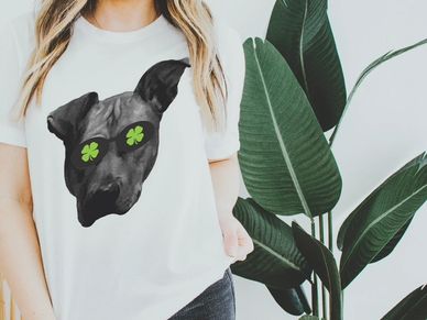 Girl wearing custom t shirt with dog wearing sunglasses