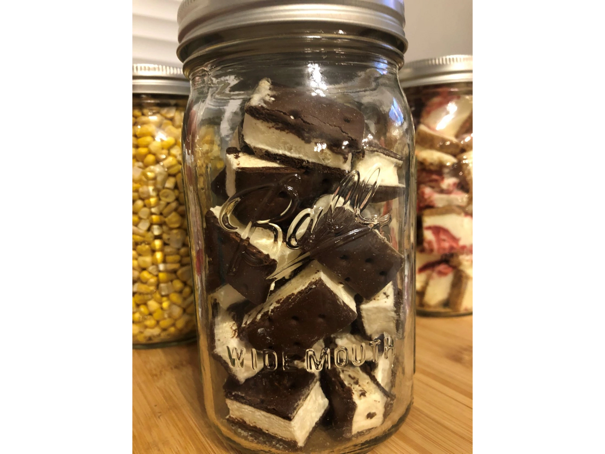 Freeze dried ice cream sandwiches in a glass mason jar. 