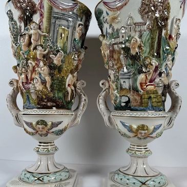 Pair of Large Vintage Capodimonte Vases - Cherubs 24/K Gold Trim Italy 1535/371